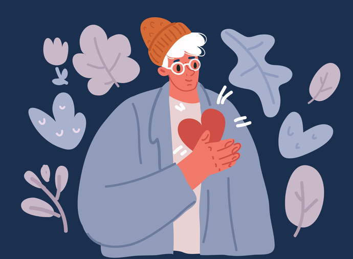 Illustrative image of a calm cartoon person holding their heart.