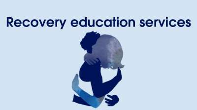 Illustration of two blue people hugging with words recovery education services.