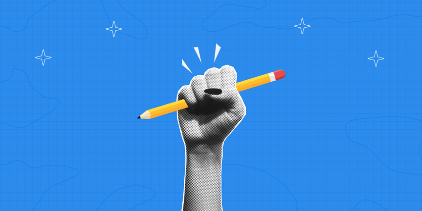 Illustration of hand holding a pencil against a bright blue background.