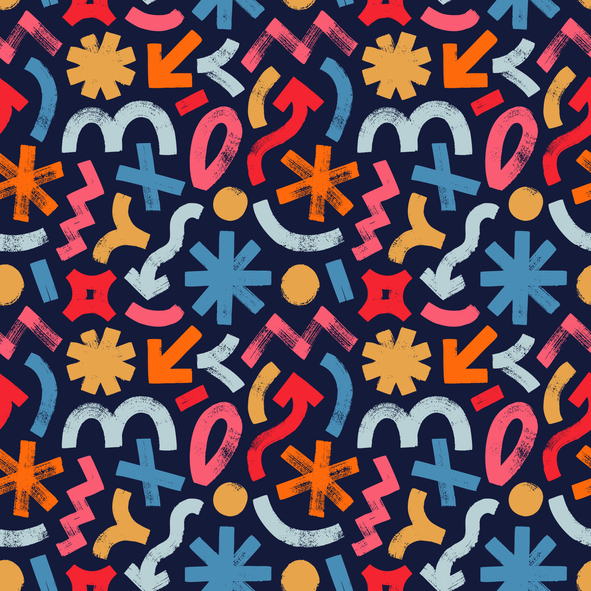 Illustration of coloured brush-drawn geometric shapes.