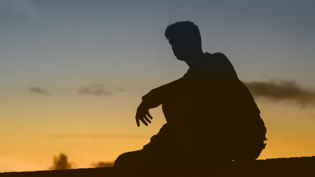 Illustrative image of a silhouetted person sitting down and looking into the distance against a sunset.