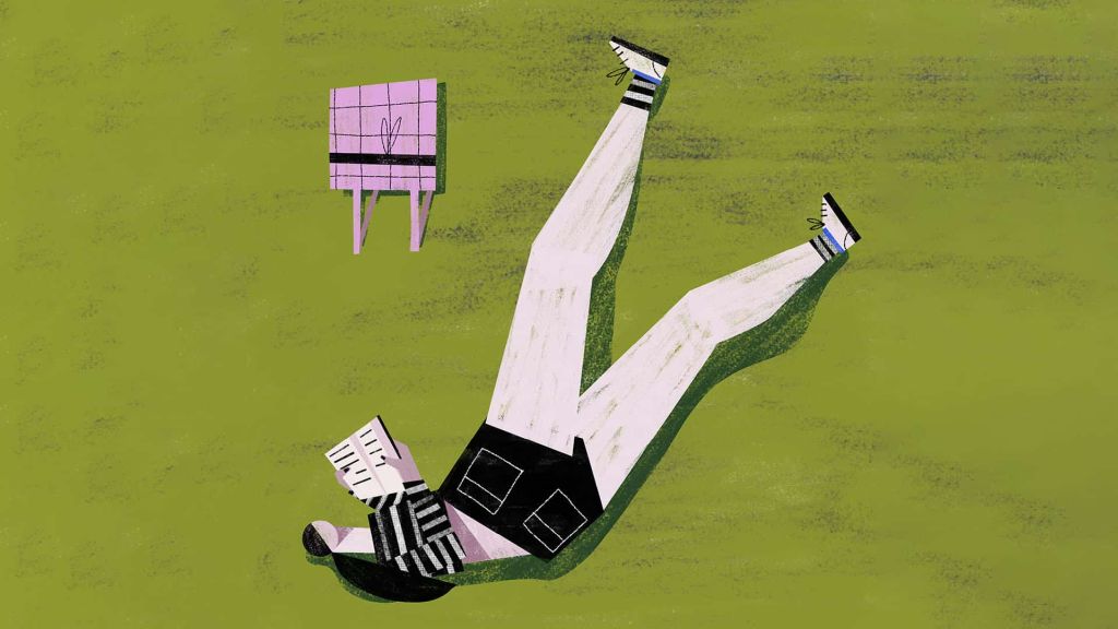Illustration of a person lying on grass, stretched out and reading a book.