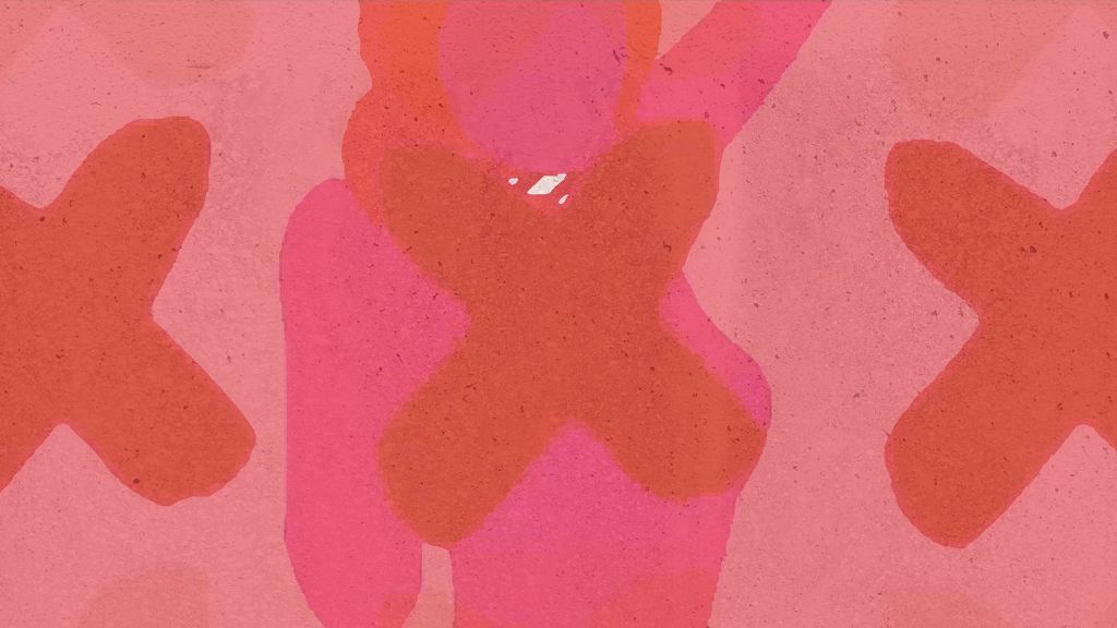 Illustration of the outline of a person against a pink background, with three crosses, one cross positioned on the figure's torso.