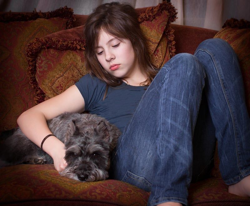 Illustrative image of a person lying on a couch with one arm around a dog, showing a sad expression.
