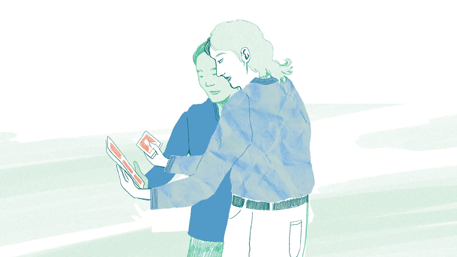 Illustration of two people looking at photos together.