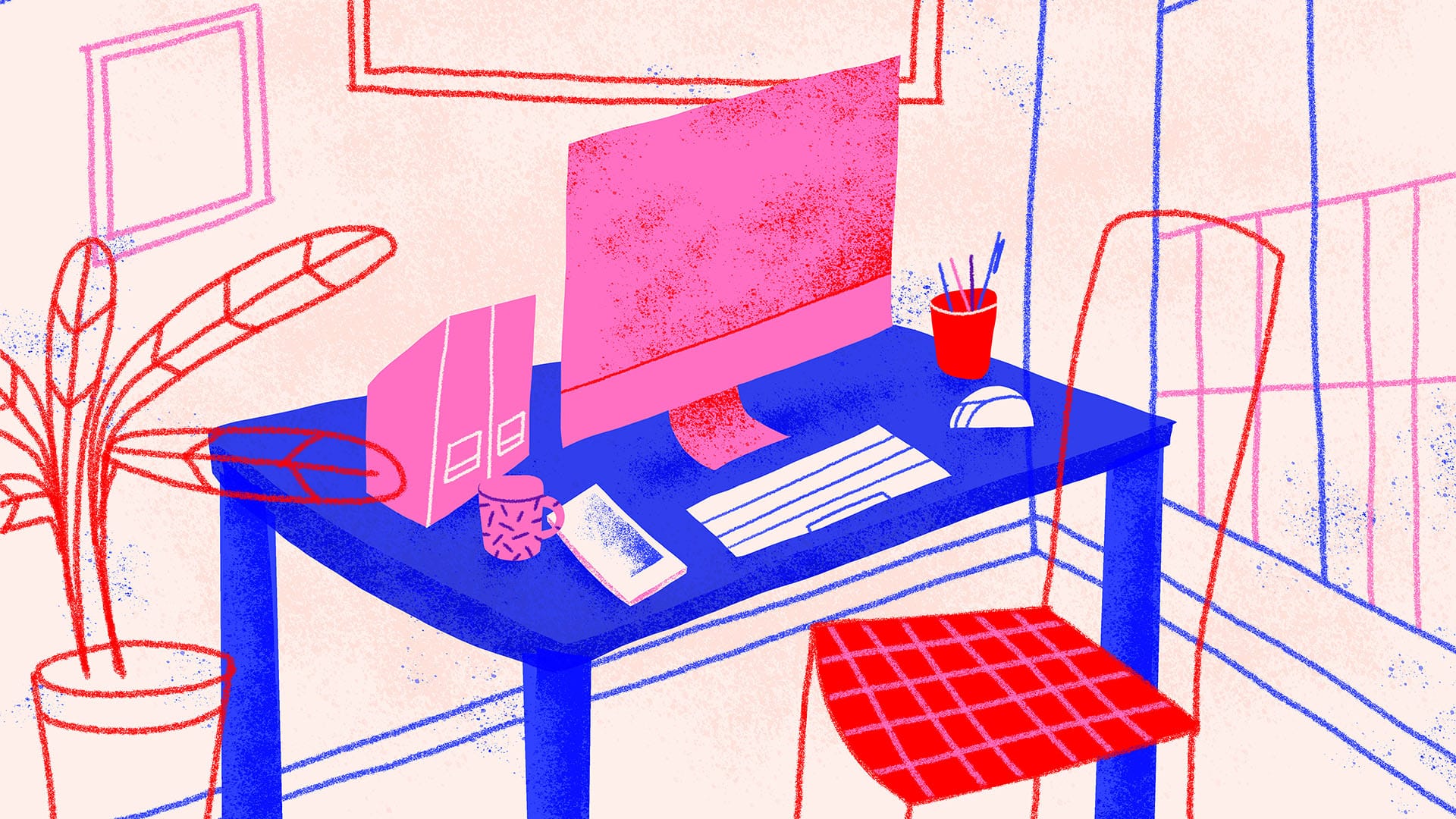 Cartoon illustration of a home study space with a laptop, keyboard, mug and other items arranged neatly on a table next to a desk chair and plant.