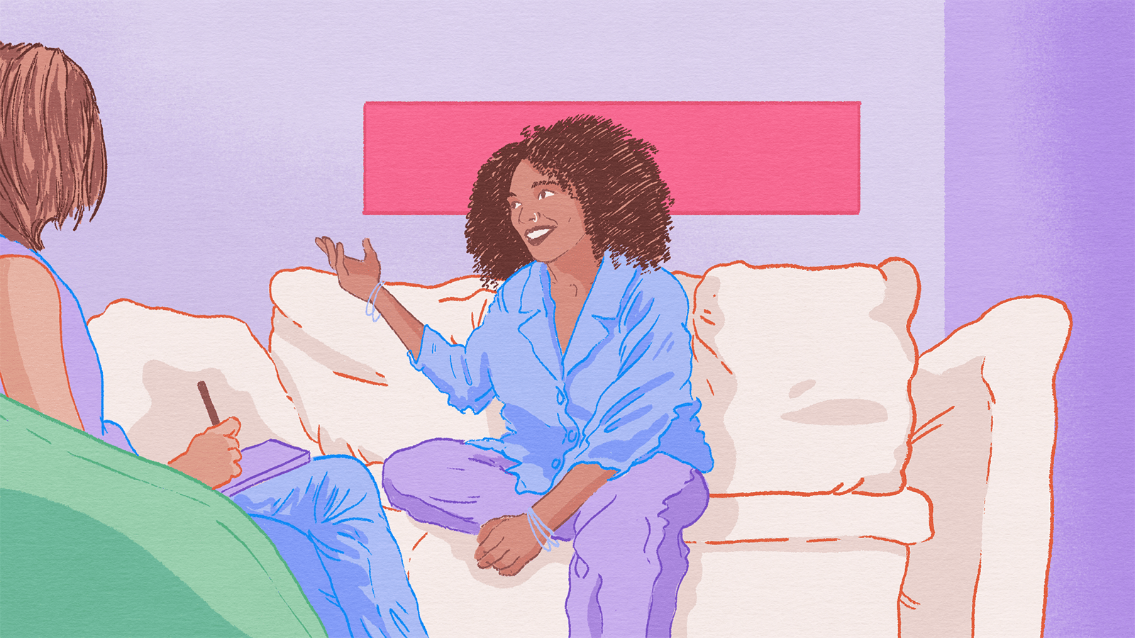 Illustration of a person sitting on a couch and chatting to a clinician. 