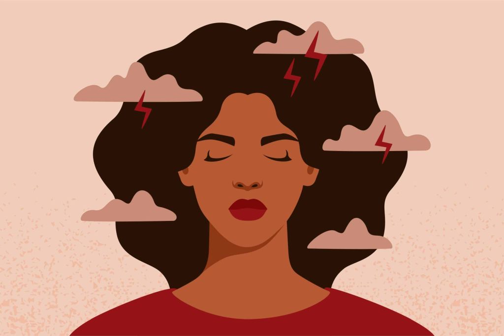 Illustration of a person with eyes closed, surrounded by storm clouds.