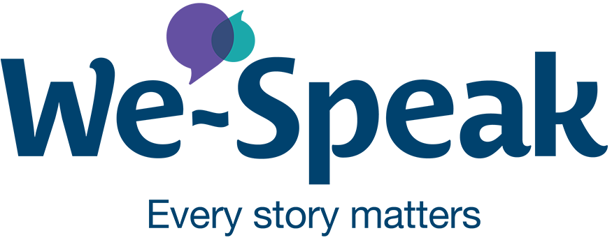 We Speak logo with two speech bubbles in teal and purple.