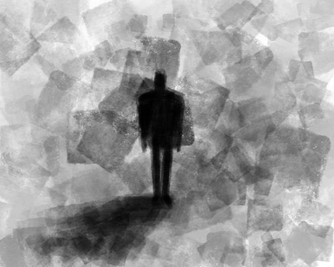 Abstract illustration of a person walking in a grey cloud.