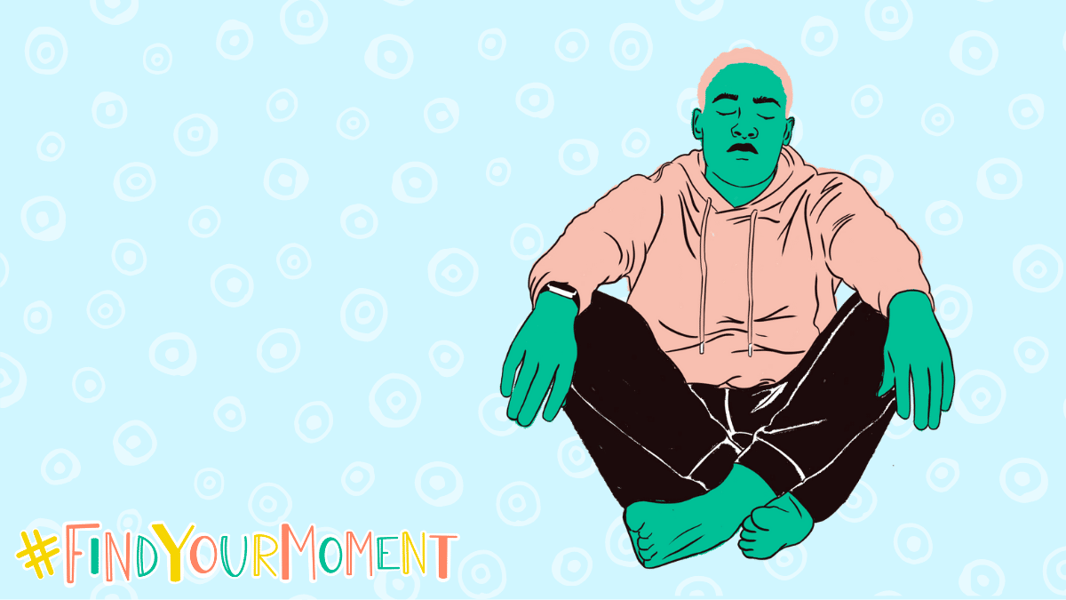 Illustration of a person sitting cross-legged with eyes closed and hands resting over their knees, against a blue background.
