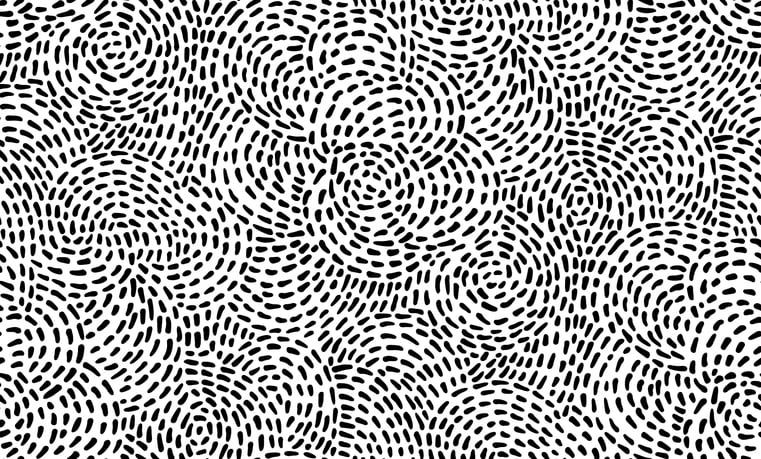 Illustration of a black-and-white abstract pattern comprised of repeated swirling shapes.