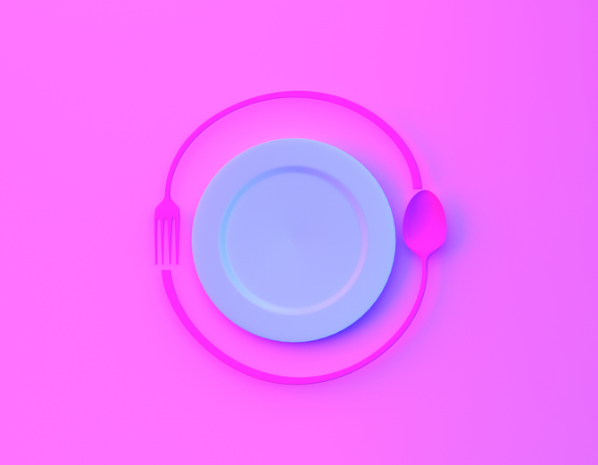 Illustration of plate with bent fork and spoon against a bright purple background.