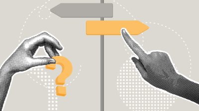 Illustration of a hand holding a question mark and another hand pointing in one of two opposing directions.