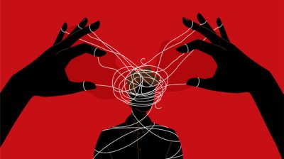 Illustration of hands manipulating strings around the silhouette of a person's head and upper body.
