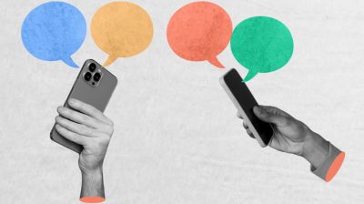 Abstract illustration of two hands holding up mobile phones that are receiving message notifications.