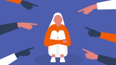 Illustrative image of a person hugging their knees with lots of hands pointing at them.