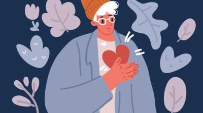 Illustrative image of a calm cartoon person holding their heart.
