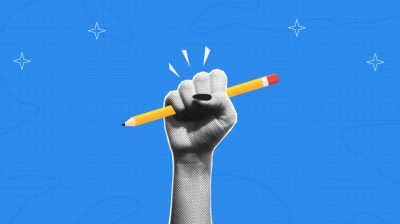 Illustration of hand holding a pencil against a bright blue background.