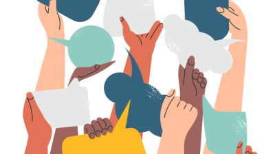Illustrative image of people's hands exchanging ideas and holding speech bubbles.