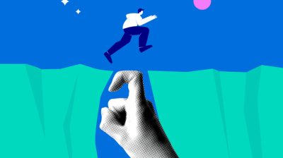 Picture collage of a person jumping over a gap between two cliffs bridged by a large hand.