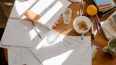 A table with notepads, post it notes, books, and snacks