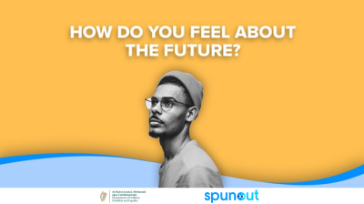 man looking up at question with spunout logo underneath