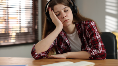 young person studying with a tired expression