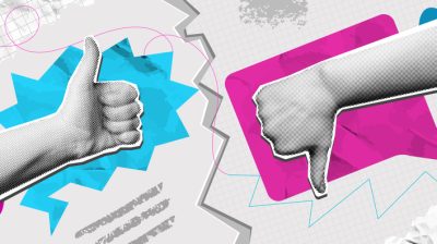 Illustration of thumbs up and down hand gestures with speech bubbles.