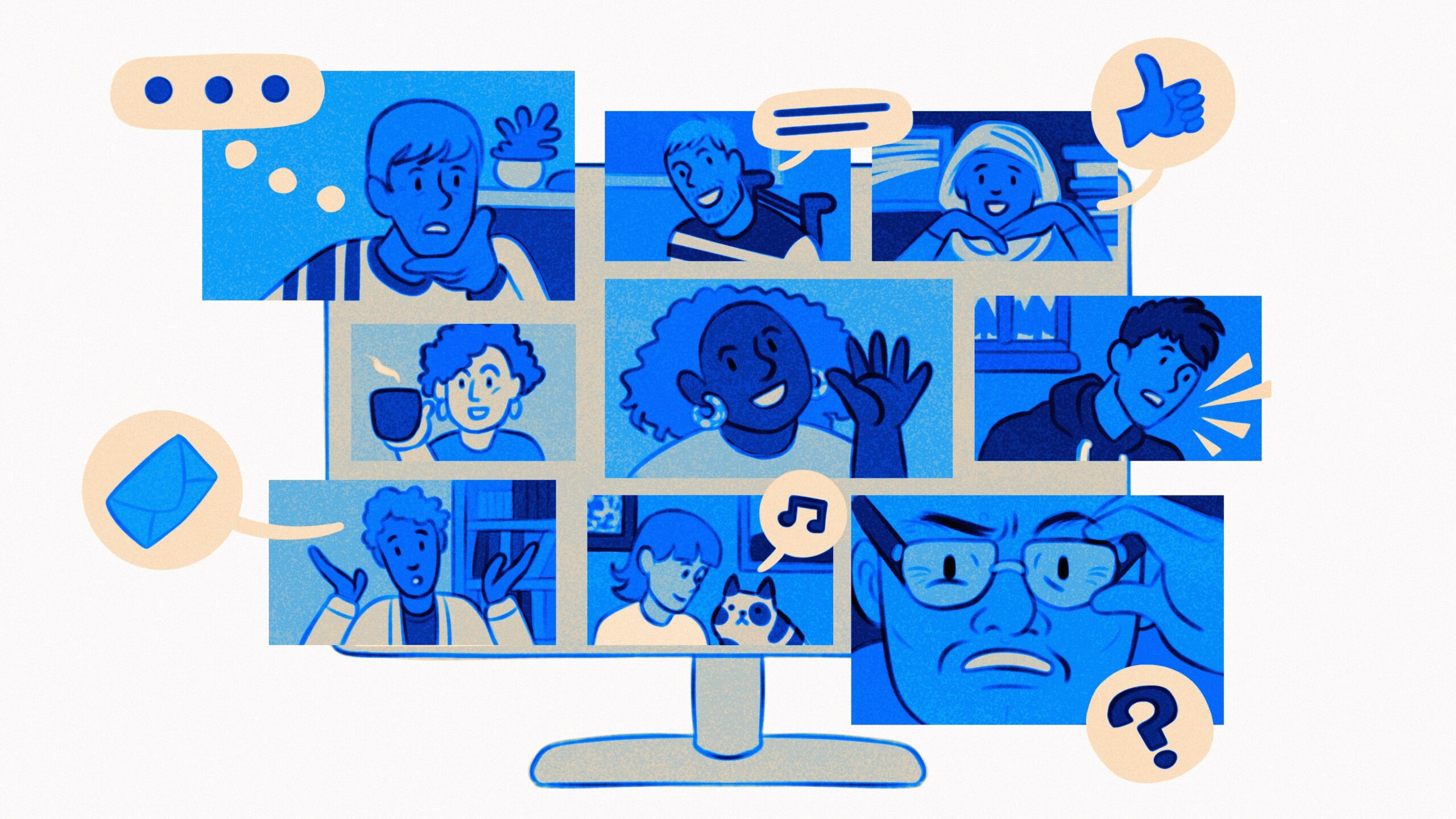 Graphic of different squares with different people on the computer