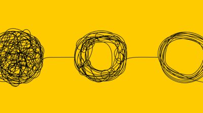 Illustration of a gradually unwinding ball of string, representing the untangling of the human mind.