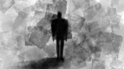 Abstract art illustration of black silhouette of a person on a dark abstraction background.