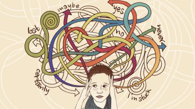 Illustration of an anxious person with many windy arrows above their head pointing to the words "yes," "maybe," "no", "lost," "certainly," "never," and "I'm stuck."