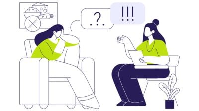 Illustration of two cartoon people sitting and conversing in a cosy therapy office.