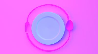 Illustration of plate with bent fork and spoon against a bright purple background.