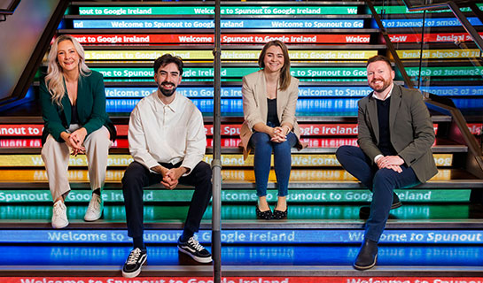 Four individuals sitting on a set at google offices. Two are google employees, the other two are Joseph Morning and Ian Power, spunout