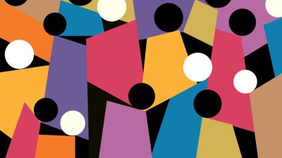 Illustration of abstract shapes representing a crowd of human figures.