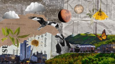 A surreal collage illustrating the concept of news anxiety. The background is filled with torn newspaper clippings in various languages, symbolising overwhelming media coverage. A distressed-looking woman in vintage clothing pours tea, representing emotional fatigue. Surrounding her are floating objects including planets, clouds, leaves, flowers, a butterfly, and a bird in mid-flight, blending elements of nature and escapism. Urban buildings sit beneath a vivid green hillside, contrasting the chaos of headlines with calm landscapes.