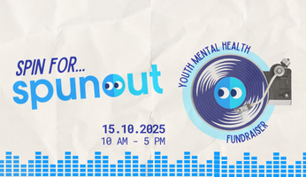 Spin for spunout poster with date 15th of October 2025 and time 10 to 5pm. Includes graphic of a record for spin