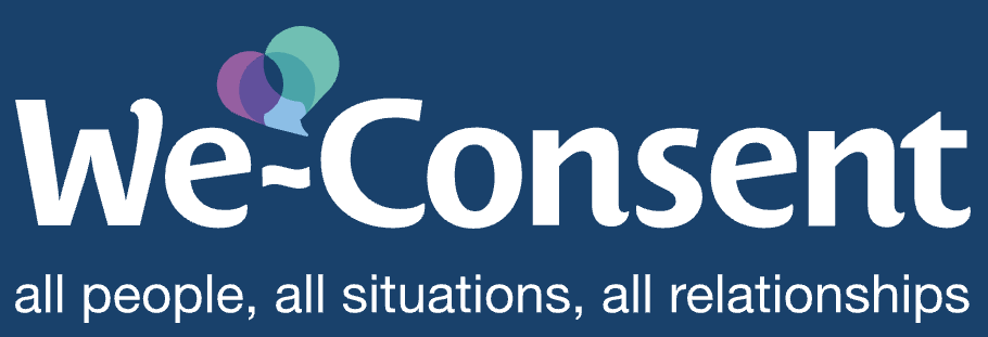 We Consent logo with two speech bubbles in purple and teal.