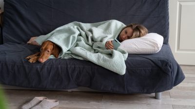 Illustrative image of a person lying on a couch with their dog under a blanket while viewing their mobile phone.