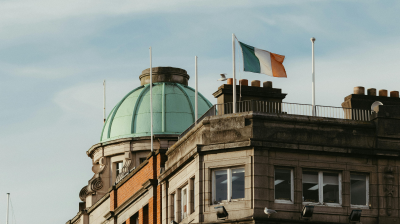 A building with an Irish flag