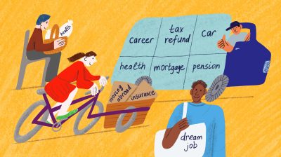 Illustration of smiling people sitting down, cycling, driving a van and standing. There are different words in the image including health, moving abroad, insurance, dream job, career, tax refund, car, mortgage and pension.