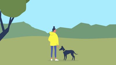 Illustration of a woman standing in a park with a dog