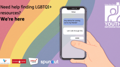 Graphic with rainbow coloured background and a mobile phone with a text conversation and logos for Youth Work Ireland, YMCA, Crosscare and spunout