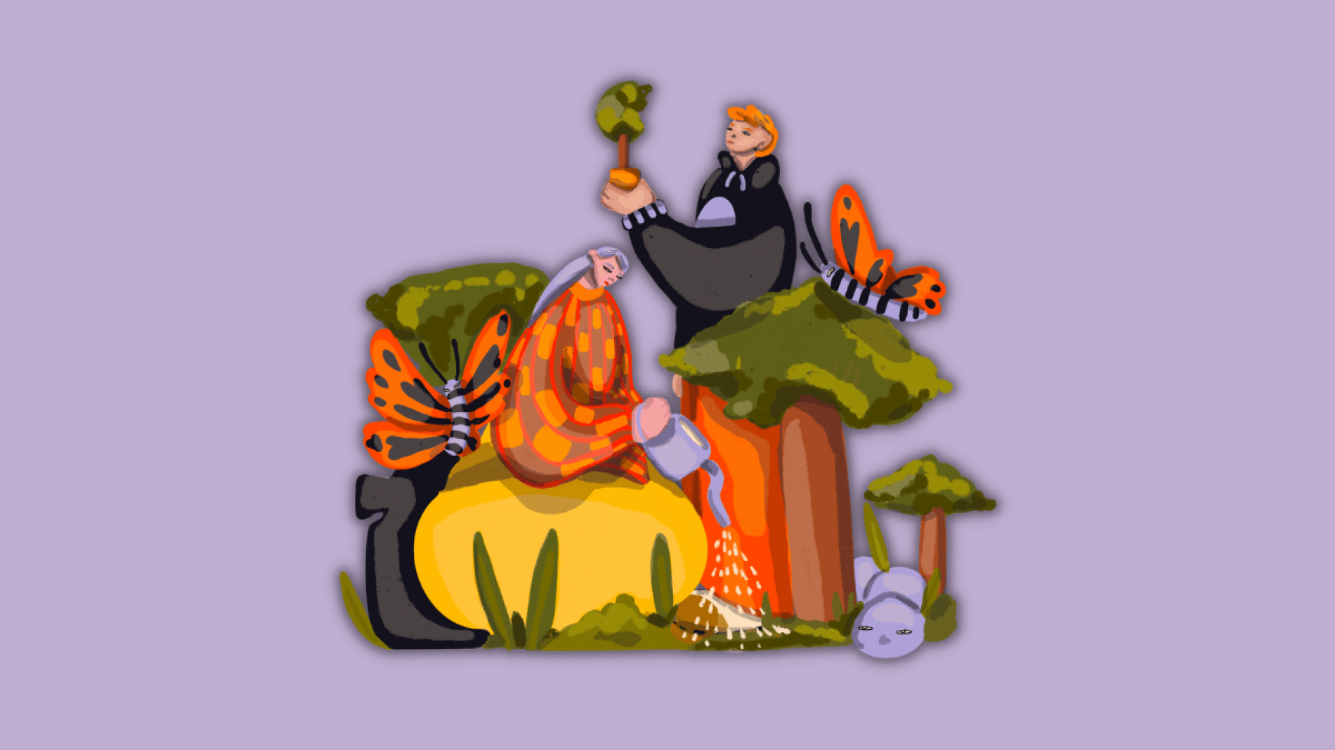 illustration of trees and butterflies with a character holding up a tree