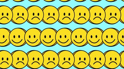 Cartoon drawing of rows of yellow smiley faces, with alternating rows of smiling and frowning faces, meant to represent the possibility of having a good trip or bad trip while taking acid