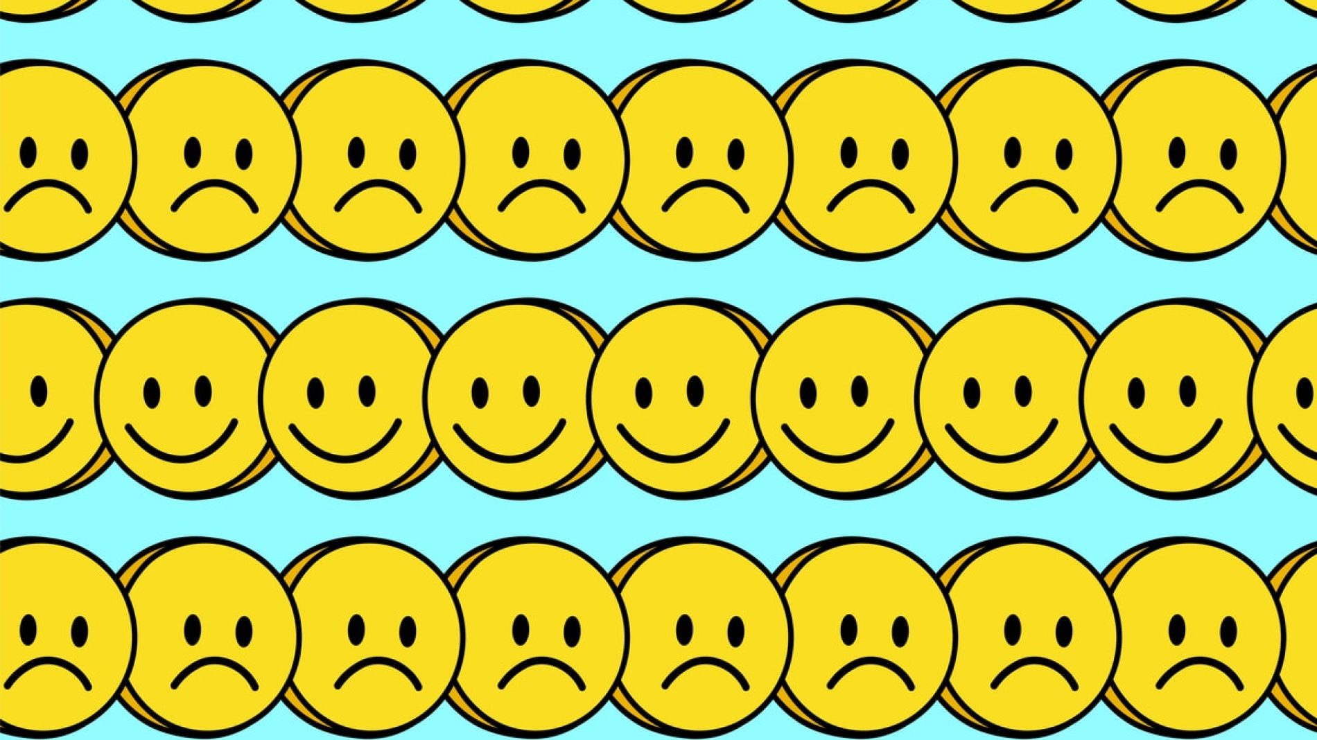 Cartoon drawing of rows of yellow smiley faces, with alternating rows of smiling and frowning faces, meant to represent the possibility of having a good trip or bad trip while taking acid
