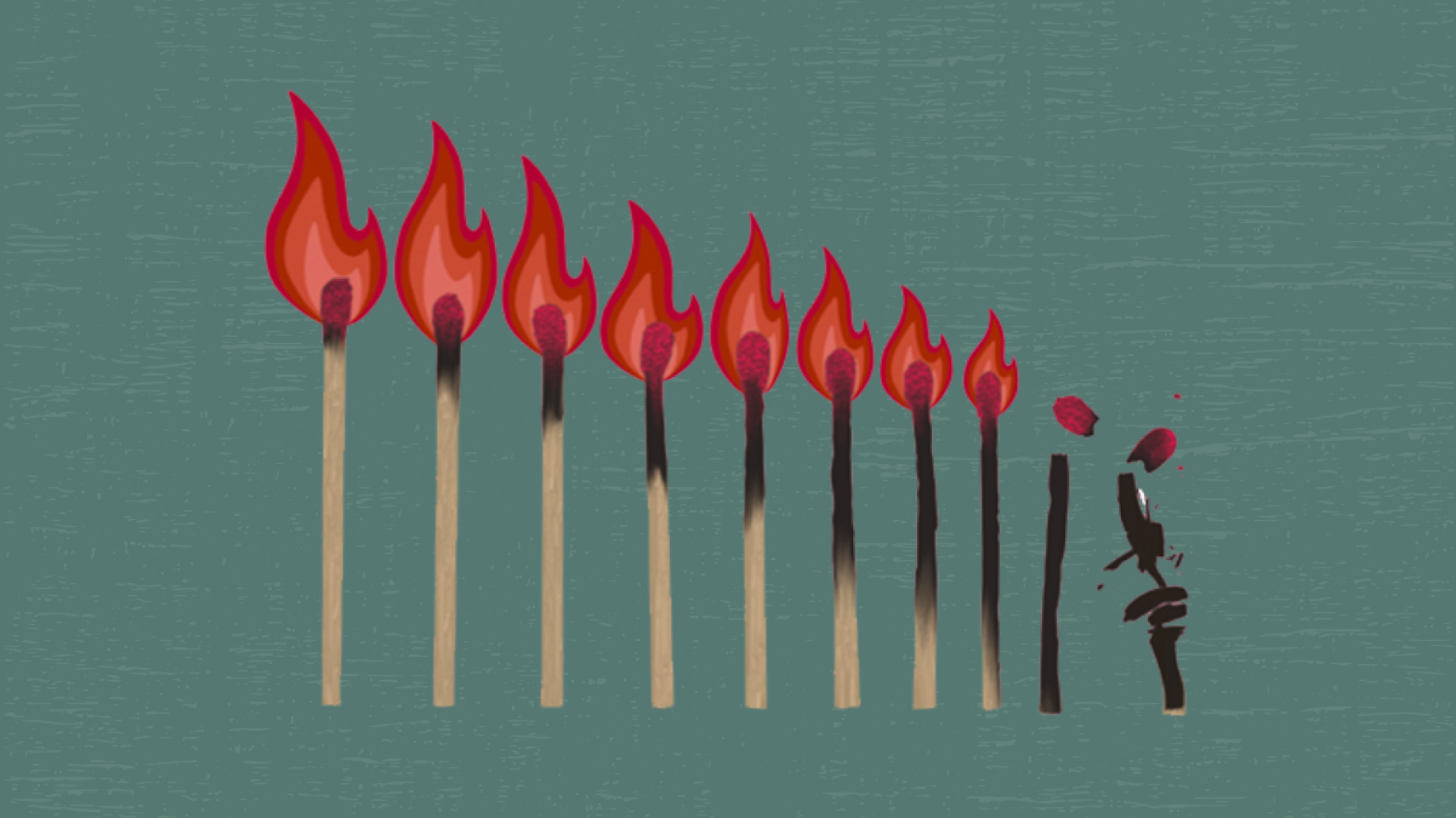 Illustration of a series of matches, with each flame getting smaller until the final match is broken