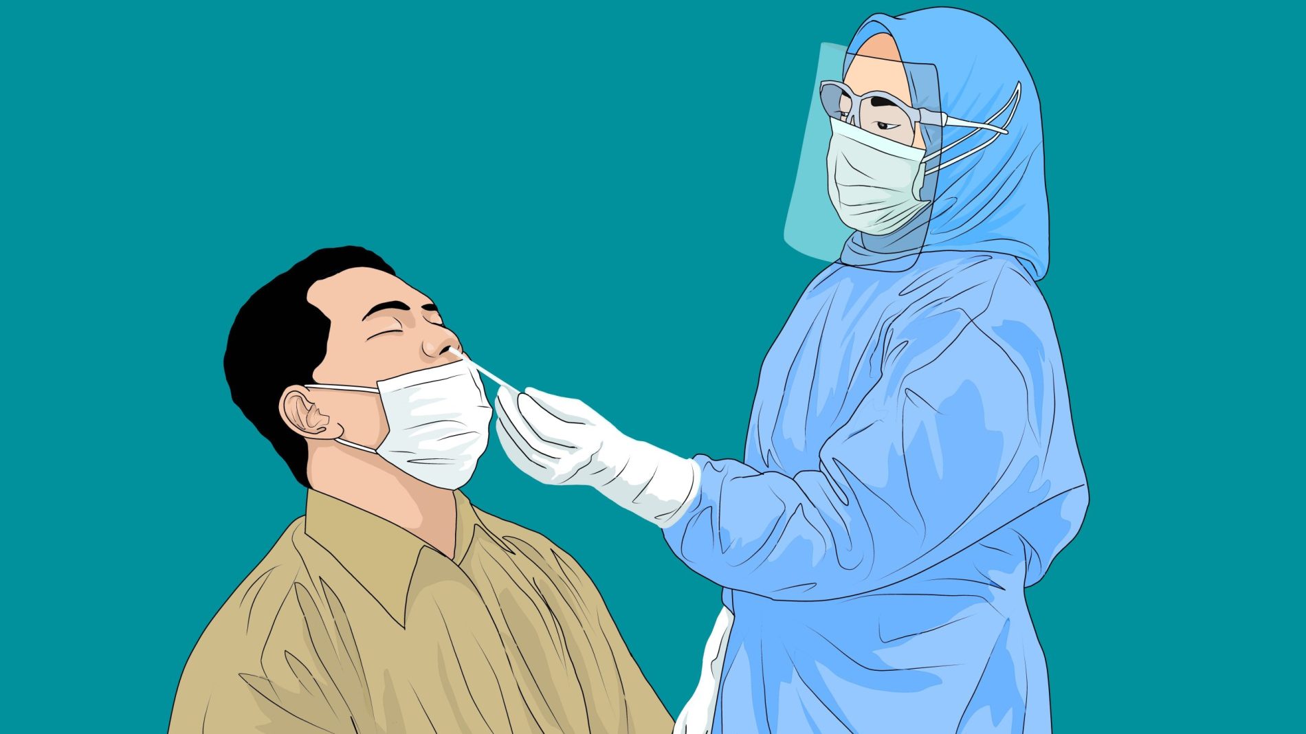 Illustration of person getting swabbed by a technician for a covid 19 test